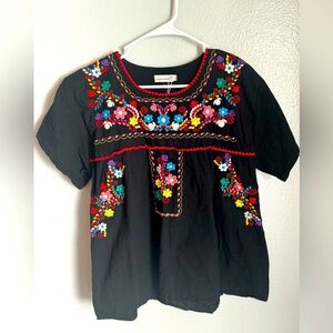 Black Floral Embroidered Peasant Blouse